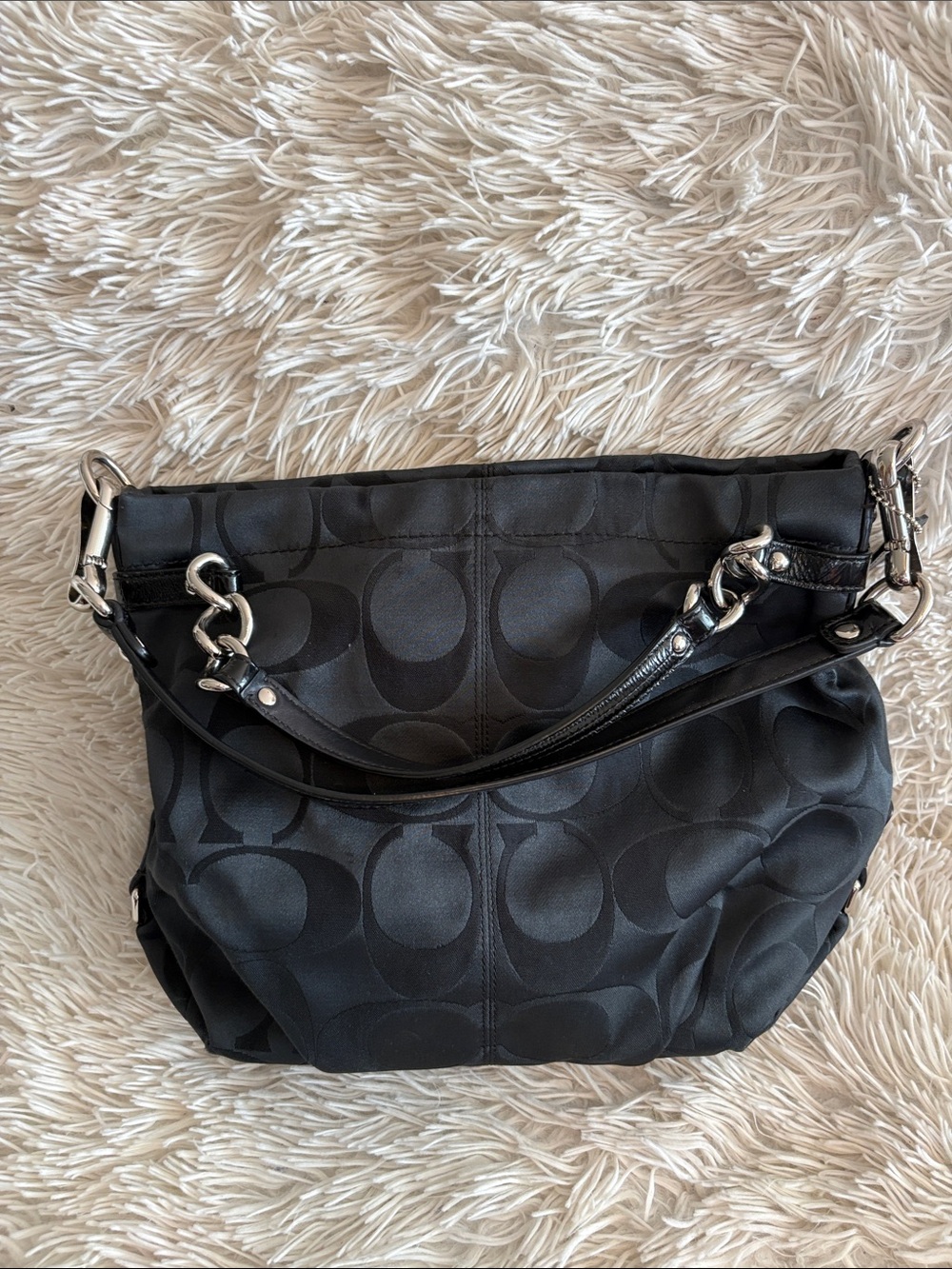 Coach Black Signature Jacquard Shoulder Bag with Silver Hardware